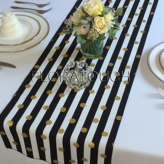 White and Black Striped with Gold Dots Table Runner Wedding
