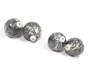 Polymer Clay round beads in Black, White and Greys. Unique pattern, Set of 4