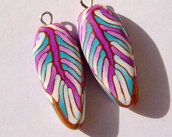 Feather Dagger Style Charm Handmade Artisan Polymer Clay Beads Pair