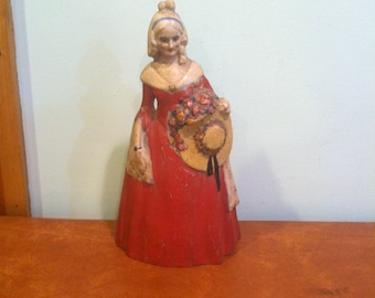 Antique Cast Iron Doorstop Colonial Victorian Lady With Hat and Flowers