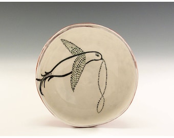Bird Holding Infinity - Original Painting by Jenny Mendes in a Hand Pinched Ceramic Finger Bowl
