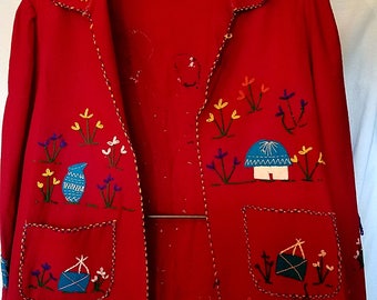 1950s red wool Presidente Mexican Tourist jacket in good condition, size med