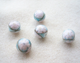Vintage lamp work beads (5pcs), lamp beads, millefiori beads, pastel glass, pastel beads, Venetian glass, pink flower