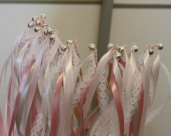 20 sticks 3 ribbons, lace and bells - pale pink, grey and old pink