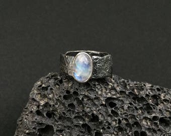 Sterling Silver Oxidised Rainbow Moonstone Ring