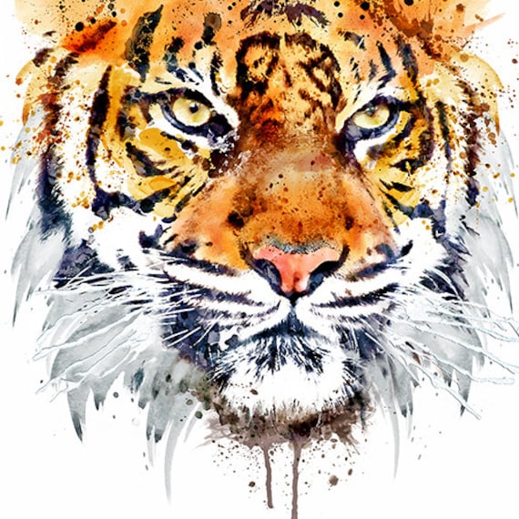 Tiger Face Close-up Watercolor portrait Wall art Aquarelle