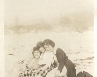 Vintage Snapshot "Beach Bonfire" Girlfriends On The Beach Found Vernacular Photo