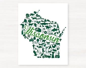 Green Bay, Wisconsin Landmark State Giclée Map Art Print - 8x10 - Graduation Gift Idea - Dorm Decor