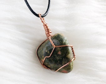 Unakite Copper Wire Wrap Crystal Pendant Necklace Hippie Wicca Boho Summer Gift