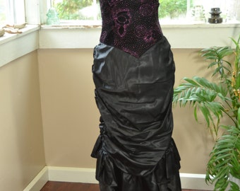 Vintage Black Velvet 80's Strapless Formal Gunne Sax Dress - M - L