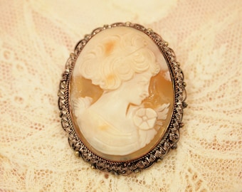 Vintage Cameo Brooch Pin Pendant - Delicate Carved Shell Cameo - RA800 - Ornate Layered 800 Silver Filigree Frame - C Clasp - 1 7/8" x 1.25"