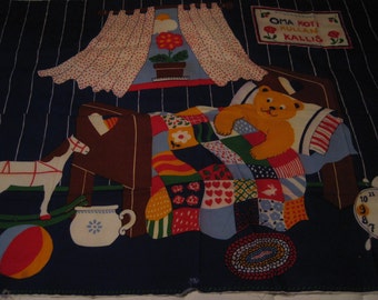 Finnish fabric panel "Huomenta" Good morning; Made in Finland byTampella, 1978. "Oma Koti Kullan Kallis" 35 in X 48 1/2 in cotton print.