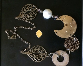 Vintage Timepiece Necklace of Metals and Bead