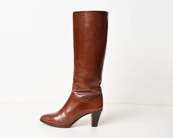 Vintage 70s High Heel Boots / 1970s Tall Brown Leather Boots 6