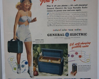 1947 GE General Electric Portable Radio Self Charging Monica Lewis Full Page Ad