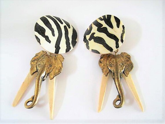 Safari Earrings, Elephant Head Drops, Black Zebra Stripes, Wood Tusks, Clip Ons