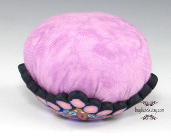 Polymer Clay Pincushion, Handmade, Pale Pink, Purple, Cornflower Blue, White, Black