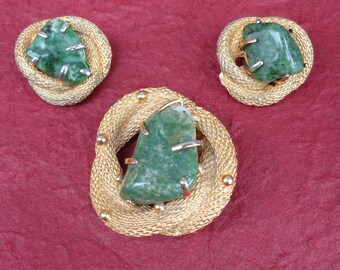 BSK Jade Nugget Brooch and Earring Set