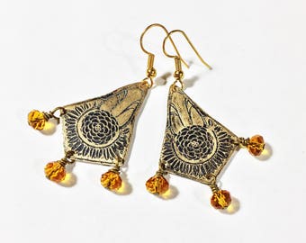 Etched Brass Earrings, Art Deco Earrings Amber Beads - Free Domestic Shipping