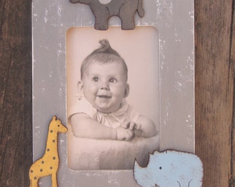 JUNGLE ANIMALS Kids Wood Picture Frame - Original Hand Painted - Vertical/Horizontal - Personalized Option
