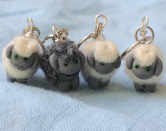 Furry Sheep, Tiny Sheep, Stitch Markers, Knitting Accessories, Gift for Knitter, Merino Wool, Polymer Clay, Knitting Tool, set of 4