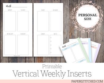Printable Undated Weekly Inserts, Vertical, Personal Size Planner, Ringbound