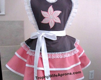 Apron # 4050 - Grey and pink ruffled retro apron