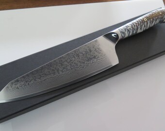 VG10 Japanese Damascus chef knife Hybrid Santoku 9" White/Grey/Silver cast pine cone handle, kitchen knife w/ 67 layer SS Damascus