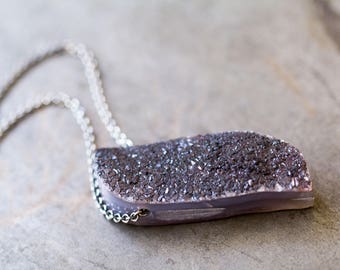 Plume Agate Drusy Sterling Silver Statement Necklace, Raw Druzy - Cloths of Heaven