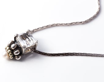Vintage Lagos Caviar Sterling Silver, 18K Gold, White Topaz, and Cultured Pearl Pendant with Sterling Chain