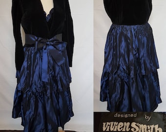 VIVIEN SMITH Evening Dress and bolero jacket black cotton velvet electric blue taffeta with bow belt vintage outfit Made in england small