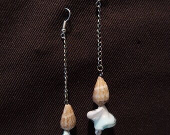 Handmade white glass long earrings with real seashells