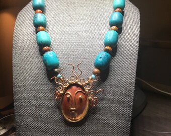 Turquoise And Copper Necklace With Copper Medallion