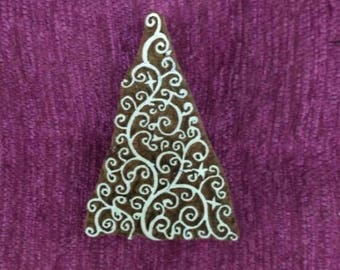 indian carved wood stamp, wood printing block, textile stamp, tjaps - Christmas tree with handle