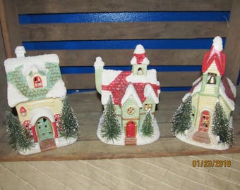 3 Piece Set Christmas Houses Lights Red Green with Bottle Brush Trees - Church with Bell- Cottage House - Snow Covered
