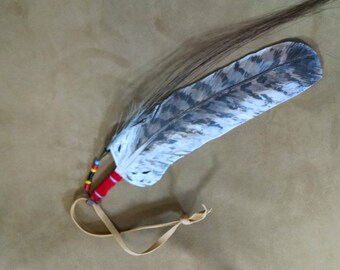 Hand painted hawk feather replica on leather by Susan Marie
