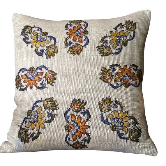 Linen Pillow, hand block printed Irish Linen, decorative Sofa Cushion , flowers pattern, Irish decor, cottage style