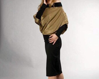 Black And Gold Dress, Women Dress, Knee Length Women Dress, Long Sleeve Dress, Evening Romantic Dress, Dress to the Knee, by Astraea-4003