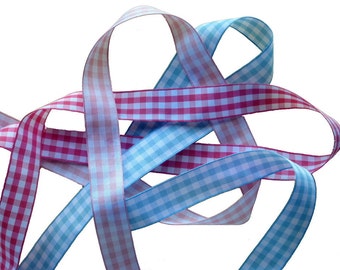 Gingham Craft Ribbon in Blue or Pink, 22 mm.
