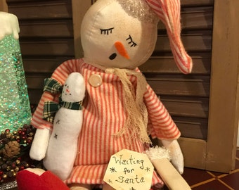 Primitive Sleeping Snowman with Dollie and Stocking, Handmade Snowman Doll