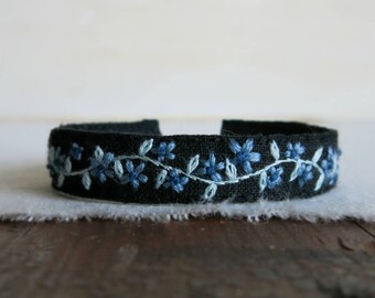 Blue Floral Embroidered Cuff Bracelet - Dusty Blue Flowers and Light Blue Vine on Black Linen Cuff Bracelet