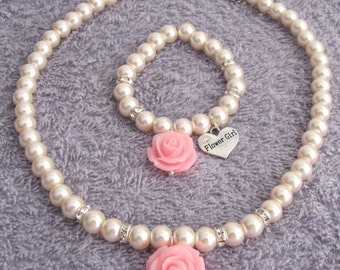 Flower Girl Jewelry,Pink Rose Flower Necklace,Rose Flower Bracelet, Blush Pink Jewelry,Flower Girl Jewelry Set, Pink Rose, Free Shipping USA