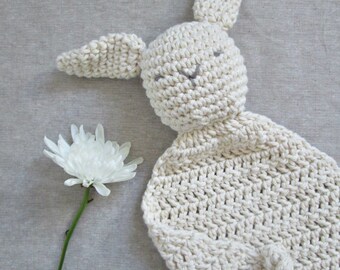 Bunny Lovey Baby Toy, Crocheted, Organic Cotton ∙ Security Blanket ∙ Baby Shower Gift ∙ Cotton Lovey ∙ Organic Lovey ∙ Neutral Baby Gift