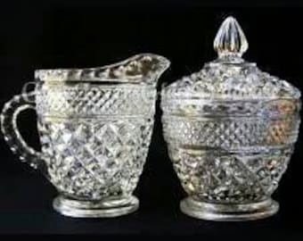 Wexford Clear Glass Creamer & Lidded Sugar Bowl by Anchor Hocking,Clear Pressed Crystal,Criss-Cross Pattern Glass,Replacement Wexford