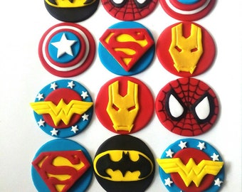 Superhero fondant cupcake toppers 12 pcs edible superman spiderman batman iron man wonder woman capitan america
