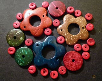 Red, green, blue, Brown coconut wood, set of 27 pieces