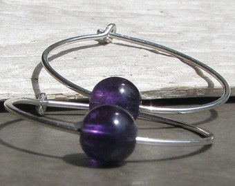 Amethyst Sterling Silver Wire Hoop Earrings Purple February Birthstone