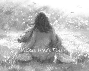Mother and Two Daughters Art Print black and white two girls paintings, two sisters, loving garden mother,girls room, Vickie Wade art