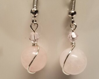 Genuine Rose Quartz Earrings, Pink Crystal, Silver Wire Wrapped,Gemstone Earrings,Wedding,Bride,Bridesmaid,Pink Stone,October Birthstone