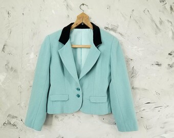 Vintage 60's Mint Blue Wool Blazer Jacket w/ Black Velvet Collar - Vintage Jacket - Aqua Blue Vintage Jacket - Mid Century Blue Green Blazer